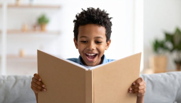 Happy Boy Reading Open Book On Sofa