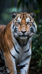 Majestic Bengal tiger prowling through lush jungle foliage