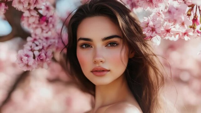 brunette woman posing in front of a blooming cherry tree 