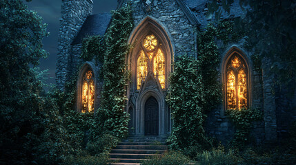 Ancient stone church with ivy-covered walls and glowing stained glass windows at dusk.