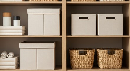 Organized storage shelves with bins and towels in neutral colors  