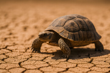 Obraz premium Tortuga caminando sobre suelo agrietado en un paisaje desértico