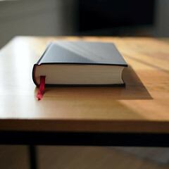 Closed book with bookmark on wood desk in late afternoon light, side angle view