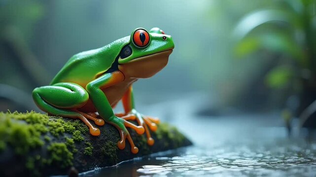 green tree frog sitting on mossy log near water in peaceful rainforest environment
