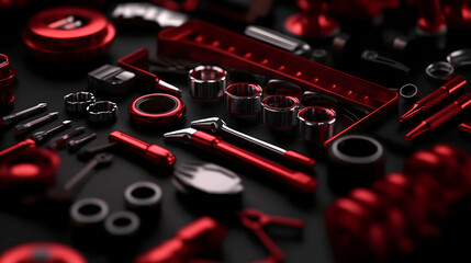 Red And Black Mechanic Tools Collection On Dark Background