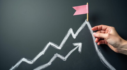 A Hand Placing a Flag on a Mountain Peak, Symbolizing Reaching a Business Goal