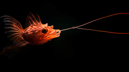 Anglerfish with luminous lure hunting in pitch-black ocean depths.