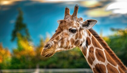 Fototapeta premium Charming Giraffe Snapshot in Omahas Henry Doorly Zoo and Aquarium, Nebraska, Showcasing Majestic Mammal Amidst Lush Greenery with a Playful and Friendly Aura.