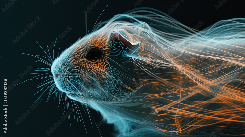 Poster This floating, transparent hologram of a pet exudes a soft glow in a dark ambient space.