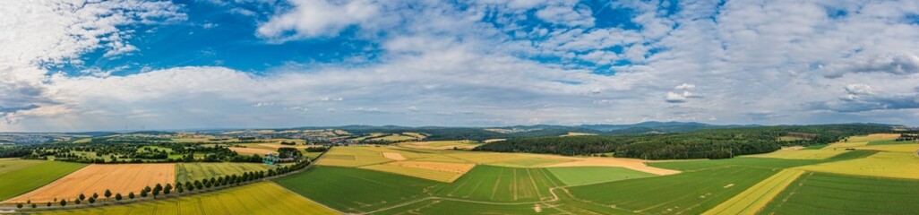 A bird's eye view of agricultural land on a sunny summer day in the Taunus Mountains
