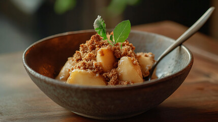 Apple crumble served in a small ceramic bowl with a spoon.