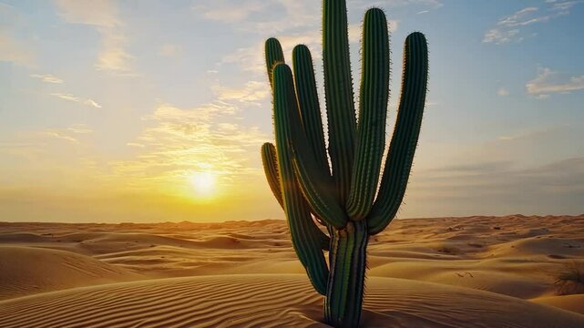 Majestic cactus silhouetted against a vibrant desert sunset.  Sand dunes stretch into the distance under a colorful sky