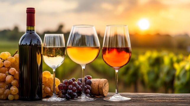 Wine bottles and glasses with different types of wine on a rustic table at sunset