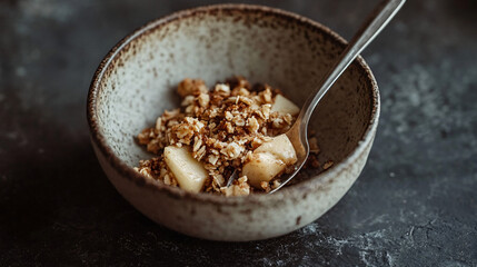 Apple crumble served in a small ceramic bowl with a spoon.