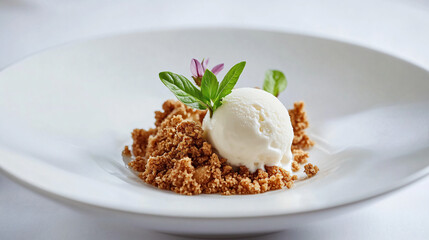 Apple crumble served with a scoop of vanilla ice cream on a white plate.