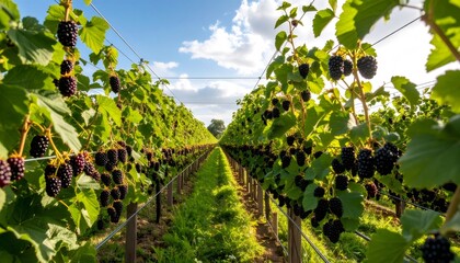Rows of lush blackberry bushes flourishing in an orchard under a bright blue sky, bursting with ripe fruit ready for summer harvest