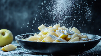 Apple crumble with fresh apple slices and a dusting of powdered sugar.