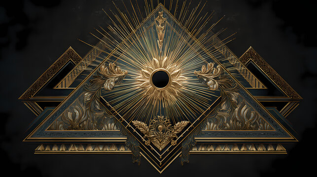 art print for romantic interior | mortal desire | sensual mystery | black and topaz | ornamental framing | triangular pattern fields | gilded highlight halo | precious metal inlay | spiritual