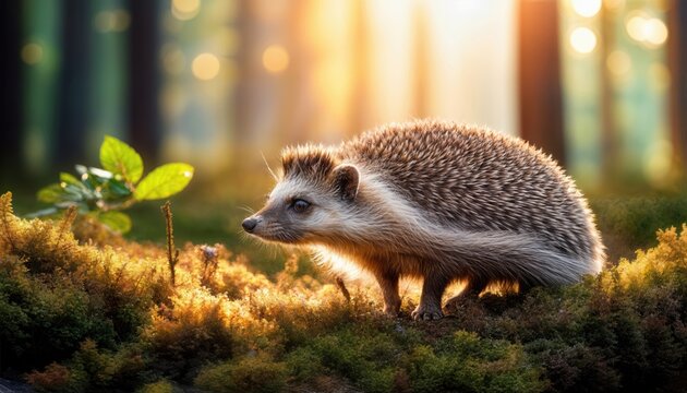Enchanted Forest Encounter Spotting a Vibrant Hedgehog Amidst Autumn Leaves, Dappled with Soft Light and Mystical Shadows.