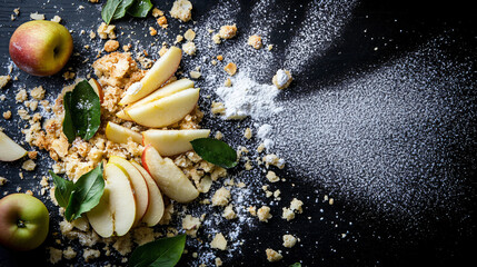Apple crumble with fresh apple slices and a dusting of powdered sugar.