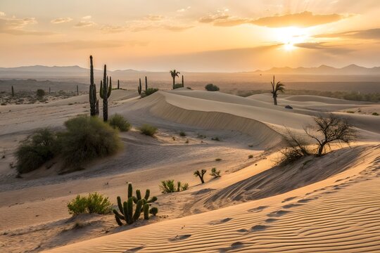 Golden Desert Landscape with Sand Dunes and Cacti - Powered by Adobe