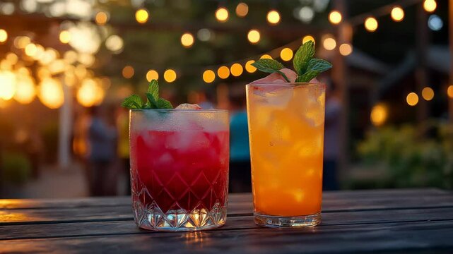 Orange and red cocktails with fresh mint sit on a wooden table under glowing string lights at sunset