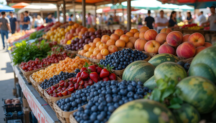 Vibrant Farmers Market with Fresh Fruits and Berries