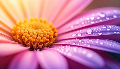 Vibrant pink daisy with dew drops in sunlit close-up macro shot