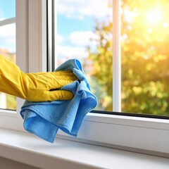 Gloved hand cleaning window with blue cloth in bright sunlight
