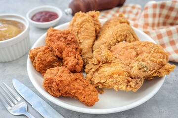 Fried crispy chicken with tomato sauce  and mashed potatoes on a white plate 