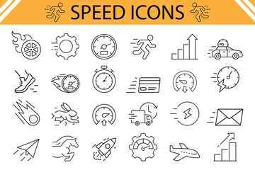 Speed icons set in line design. Fast, Speedometer, Rapid, Quick, Slow, Low speed, Run, Velocity, Turbo, Arrows, Quickness, High speed vector illustrations.Vector illustration.
