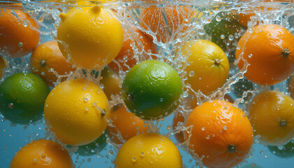 Citrus Fruits Splashing in Water with Oranges, Lemons, and Limes
