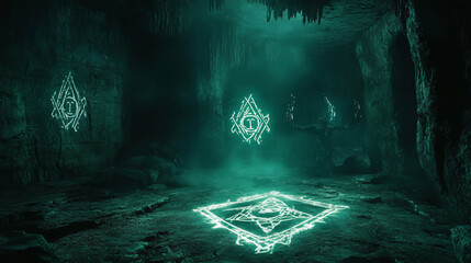 Arcane glowing runes floating around a demon in a dark mystical cavern.