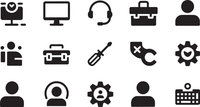 Solid Style Customer Support Icons Set Monitor Headset Toolbox Screwdriver Gear Person Keyboard User