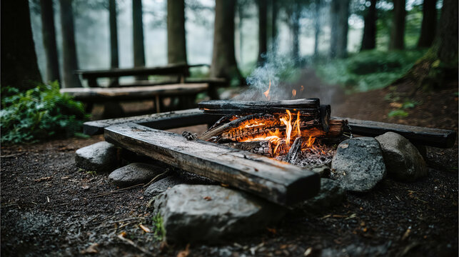 Smoky campfire in quiet forest with wooden benches and misty background
