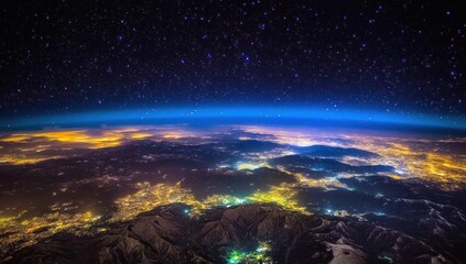 Earth at night from space, city lights, mountain ranges, starry sky.  Possible use  Science, education, environmental