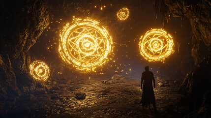 Arcane glowing runes floating around a demon in a dark mystical cavern.