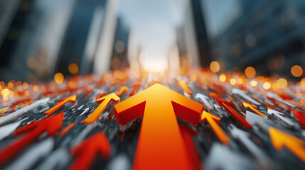 Rising orange arrow among many smaller arrows symbolizing growth and progress in blurred cityscape background with glowing bokeh lights creating inspiring atmosphere