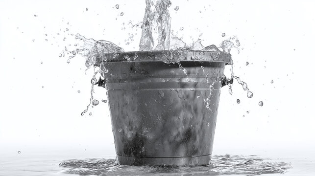 Water splashing out of black bucket as it overflows with clear liquid, isolated on white background with dynamic motion and splash effect