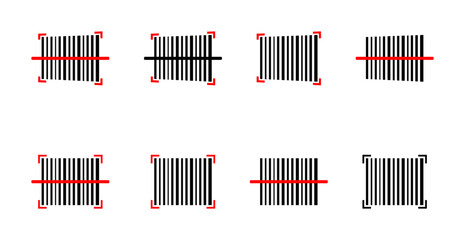 Set of black and red icons indicating barcode reading. Minimal flat design without background. Ideal for retail, inventory, and scanning applications.
