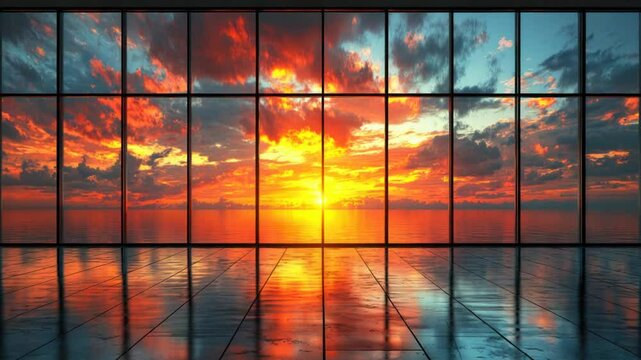 Dramatic sunset reflected on a modern floor with large windows