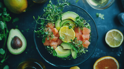 Artfully arranged tartare of salmon and avocado with microgreens and citrus oil.