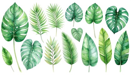 set of watercolor tropical leaves on white background. Green palm leaves, monster, homeplants, banana leaves. Exotic plants. Jungle botanical watercolor illustrations, cut out, growth, horizontal, 
