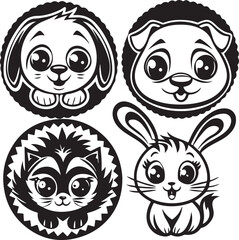 Funny cartoon set of cute animal faces vector illustration