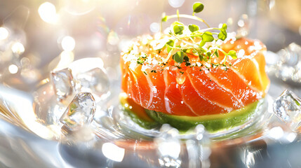 Artfully arranged tartare of salmon and avocado with microgreens and citrus oil.