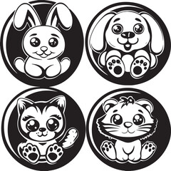 Funny black and white cartoon animal head icons for a cute character collection