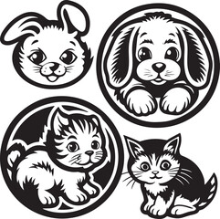 Funny cartoon vector animal heads set with cat, dog, tiger, bear, and other cute pet illustrations