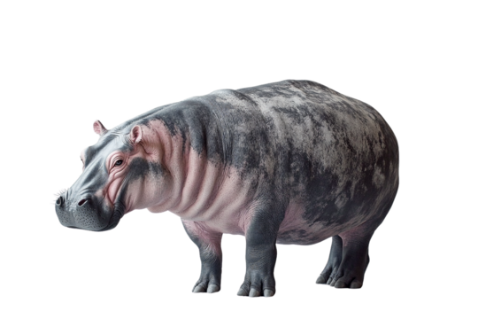 A hippopotamus with dark gray markings isolated on transparent PNG