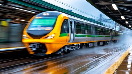 Fototapeta premium Modern yellow and green train moving quickly through a station with a blurred background