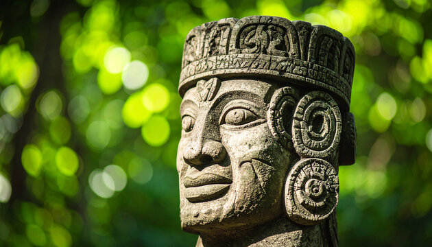 Olmec head. Stone sculpture. Ancient Mayan statue in jungle. Culture and history concept.
